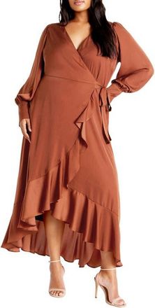 City Chic Marceline Long Sleeve Wrap Maxi Dress in Toffee at Nordstrom, Size Xs