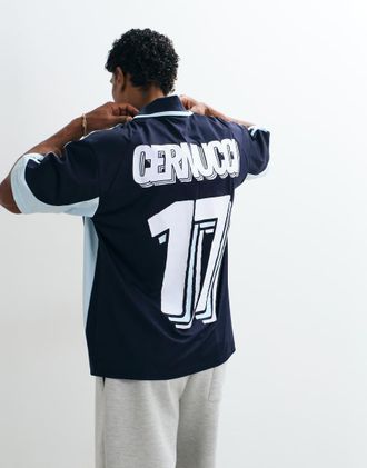 Cernucci Maglia da calcio blu navy e bianca con logo e scollo a V
