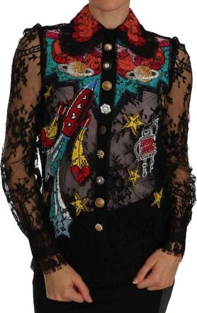 Dolce & Gabbana Womens Black Lace Crystal Space Shirt Cotton