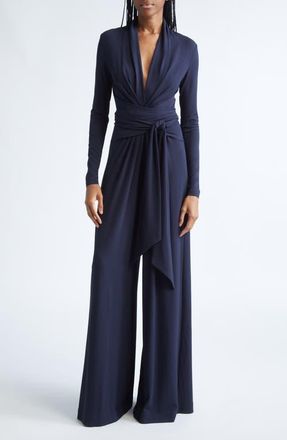Michael Kors Plunge Neck Tie Waist Palazzo Jumpsuit in Midnight at Nordstrom, Size 4