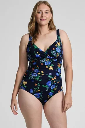 Lands End Plus Size Sweetheart Underwire Wrap One Piece Swimsuit in Navy/tossed Poppy Floral at Nordstrom, Size 18W