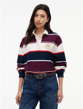 Tommy Hilfiger Womens Tommy Jeans Cropped Rugby Sweatshirt - Dark Blue / Stripe - XL