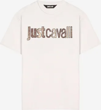 Just Cavalli Mens T-Shirt With Logo Beige Cotton T-Shirts And Polos