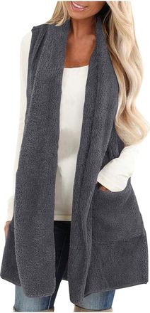 Generic Womens Lapel Front Fleece Cardigan Sleeveless Vest With Pockets Open Fuzzy Jacket Coat Soft Warm Winter Knitted Outerwear Casual Comfort (Grey, XL)