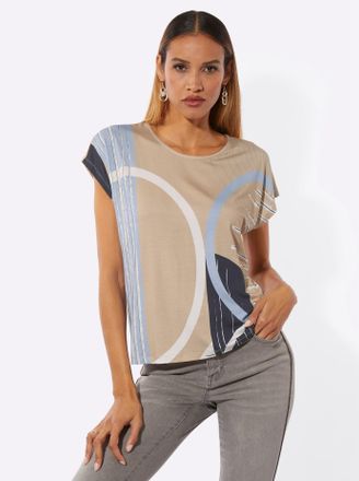 Cr&eacute;ation L Rundhalsshirt CREATION L Shirt, Damen, Gr. 36, beige, bleu, bedruckt, 95% Viskose, 5% Elasthan, gemustert, Rundhals, Shirts Rundhalsshirt