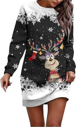 Generic Christmas Dresses for Women Ladies Christmas Jumper Xmas Sweater Dress Long Sleeve Sweater Dress Pullover Round Neck Santa Reindeer Snowflake Xmas Tre