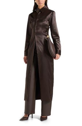 Mani&egrave;re De Voir Etta Crinkled Satin Midaxi Shirt Dress in Dark Brown at Nordstrom, Size 6