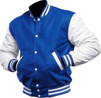Generic Mens Varsity Jacket Casual Slim Fit Wool & Leather Sleeves Letterman Baseball Bomber Jacket (UK, Alpha, M, Regular, Regular, Blue/White)