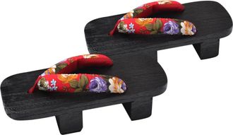 Generic Japanese Style Clogs Sandals for Men and Women Red Flower Pattern Black Wood Two-tooth Platform Slippers Summer Footwear for Casual Outdoor and Party 