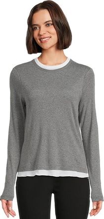 Elliott Lauren Double Layer Long Sleeve, Crew Neck- Knit Top Womens T Shirt Heather Grey : SM, Cotton