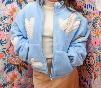 Hot & Delicious Love Hearts Cozy Sherpa Zip Up Jacket In Light Blue