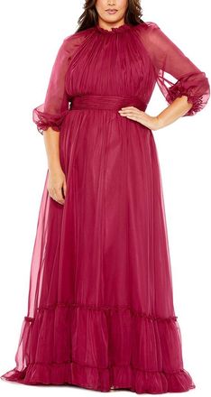 Mac Duggal Plus Puff Sleeve Tiered A-Line Dress