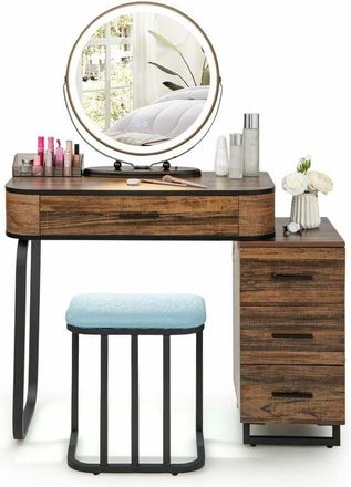 Costway Costway - Vanity Table&Stool Set Makeup Dressing Mirror Table w/Charging Station-Coffee