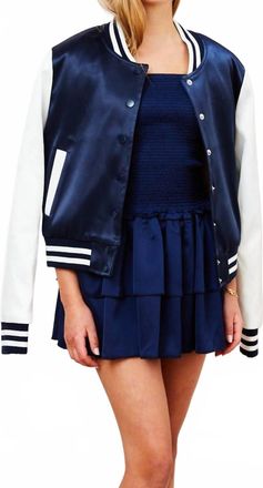 Theme Valley Satin Varsity Jacket In Navy & White