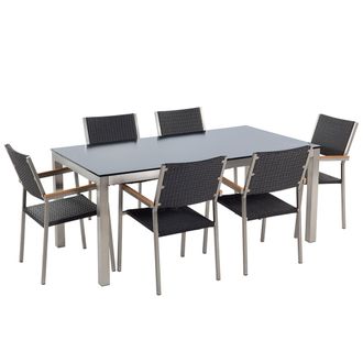 Beliani Conjunto De Comedor De Jard&iacute;n Negro Con Mesa 180 X 90 Cm De Vidrio Negro 6 Sillas De Rat&aacute;n Grosseto