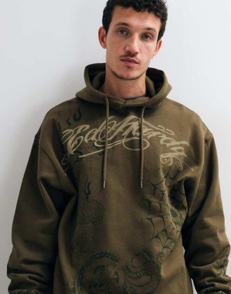 Ed Hardy co-ord relaxed con felpa con cappuccio con grafica shadow in kaki-Verde