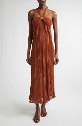 Zimmermann Indra Pleated Metallic Knit Halter Dress in Metallic Tan at Nordstrom, Size 4