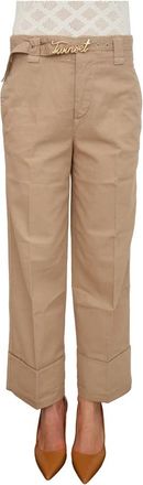 Twinset Turn-up broek met riem - Dames - Vrijetijds broeken - Beige - XL - Katoen - Broeken