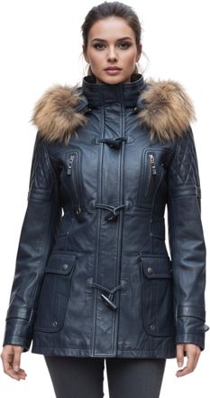 Infinity Leather Womens Navy Lamb Quilted Parka Fur Hood Jacket- Duchess - Size 24 UK