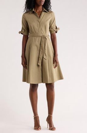 Calvin Klein Solid Cotton Shoulder Tie Shirtdress in Light Olive at Nordstrom Rack, Size 14