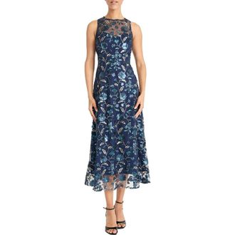 Maggy London Sequin Floral Fit & Flare Cocktail Dress in Navy/Silver at Nordstrom Rack, Size 14