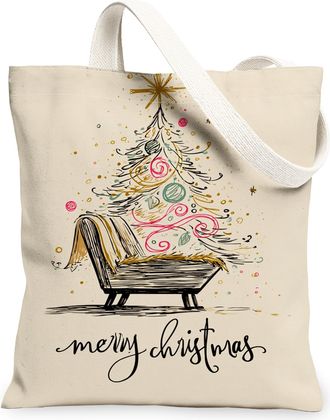 Generic Christmas Tree Canvas Tote Bags, Artistic Holiday Design Washable Grocery Bags, Vintage Eco-Friendly Shoulder Strap Canvas, Beige, 13x15 Inch