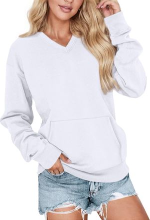 Generic WomenS Solid Colour Hoodless Sweatshirt Hoodies Drawstring Button Womens Pullover Sweatshirt V Neck With Pocket Comfortable Sweatshirt For Everyday We