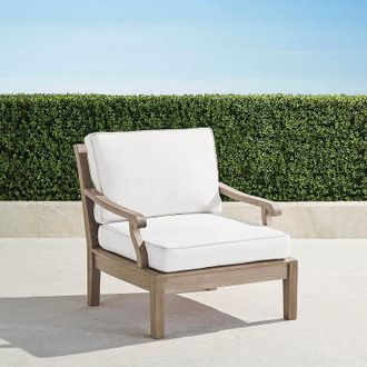 Frontgate Cassara Lounge Chair with Cushions in Weathered Teak - Standard, Snow with Logic Bone Piping - Frontgate