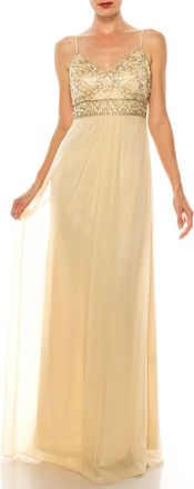 Sue Wong Womens Beaded Chiffon Spaghetti Strap Dress In Champagne