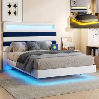 OEM Lit 140x190 Cm - Usb - Led - Estilo Escandinavo - Terciopelo - Marco De Cama Doble 140x190 Cm - Blanco Y Azul