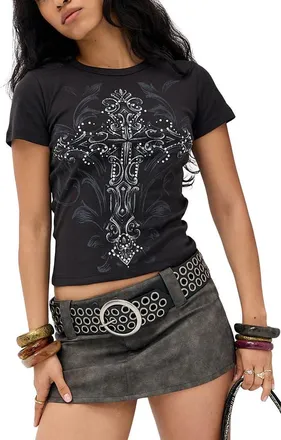 BDG Diamante Cross Graphic Baby Tee in Black at Nordstrom, Size X-Small