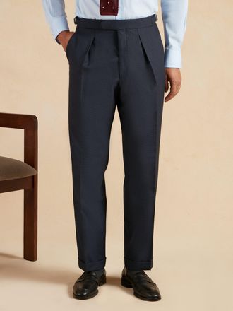 Oliver Brown Pleated Suit Trousers - Navy Birdseye