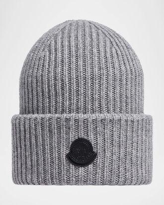 Moncler Men & apos;s Cashmere Ribbed Leather-Label Beanie Hat