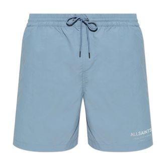 AllSaints Beachwear, male, Blue, Size: XS Swim shorts with printed logo