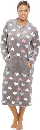 Camille Womens Super Soft Fleece Lounger- Multi Coloured Heart Print Button Bathrobe - Long Sleeved and Centre Front Pocket for Ultimate Comfort & Warmth Grey