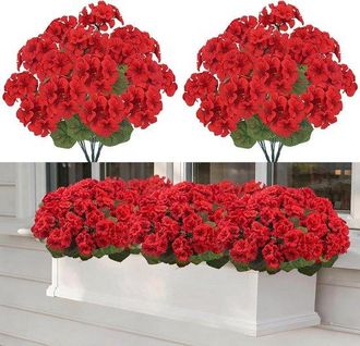 No Brand Ramo De 6 Tallos De Geranios Rojos Artificiales, Flores Artificiales Opacas Resistentes A Los Rayos Uv Para Decorar Balcones, Terrazas, Jardines Y Mac