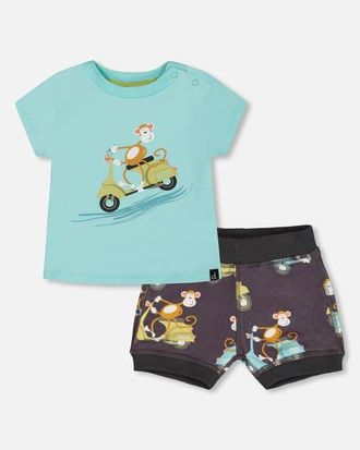Deux par Deux Baby Boys Two-Piece Top And Short Set Monkey On Navy And Turquoise Moped at Nordstrom, Size 6M