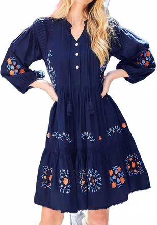 Karen Kane Embroidered Lace Trim Dress In Navy