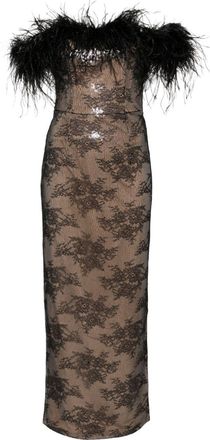 Nissa lace-overlay empire gown - women - Ostrich Feather/Elastane/Polyester/Polyester/Metallic Fibre - 36 - Black