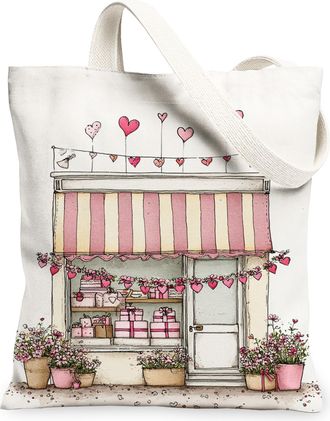 Generic ValentineS Floral Canvas Tote Bags, Heart Pattern Reusable Grocery Bags, Lightweight Washable Shoulder Strap Canvas for Gy, White, 13x15 Inch