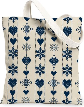 Generic Winter Hearts Canvas Tote Bags, Vintage Snowflake Pattern Reusable Grocery Bags, Rustic Lightweight Washable Shoulder Strap, Cream, 13x15 Inch