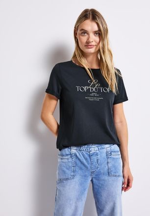 Street One T-Shirt STREET ONE, Damen, Gr. 34, blau (deepwater blau), Jersey, Obermaterial: 50% Baumwolle, 50% Modal, bedruckt, normal h&uuml;ftbedeckend, Rundhals, Sh