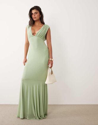 Asos Vestito lungo in rete verde salvia con cuciture a vista e coppe strutturate