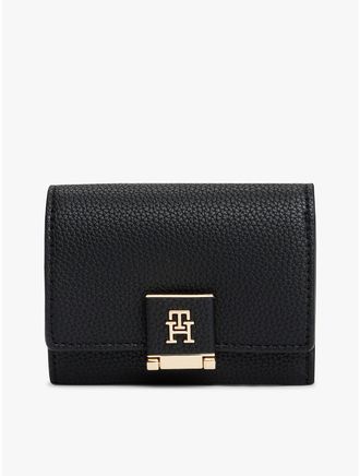 Tommy Hilfiger Womens Monogram Clasp Pebbled Trifold Wallet - Black