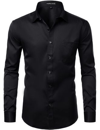 PARKLEES Mens Slim Fit Formal Long Sleeve Casual Business Party Dress Shirts with Chest Pocket Black XXL