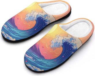Generic Great Wave Sun Mens House Slippers Memory Foam Washable Cotton Slip on Home Shoes