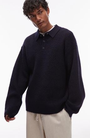 Topman Oversize Long Sleeve Sweater Polo in Navy at Nordstrom, Size Large