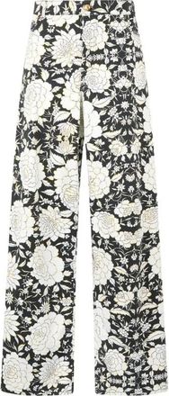 Roberto Cavalli Bloemenprint Denim Broek - Dames - Wijde Broeken - Zwart - L - Denim - Broeken