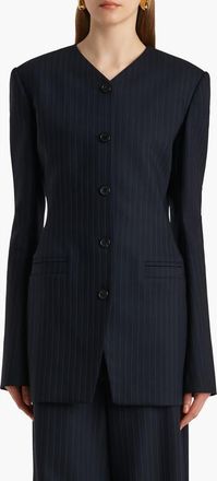 Khaite Naran Pinstripe Single Breasted Stretch Virgin Wool & Cotton Blazer in Navy /White at Nordstrom, Size 8