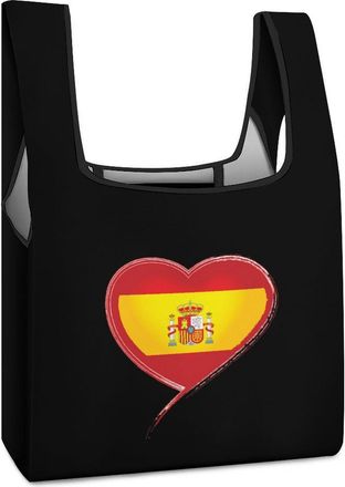 Generic Spain Flag with Heart Reusable Shopping Bags Lightweight Foldable Grocery Bag Polyester Washable Tote Bag